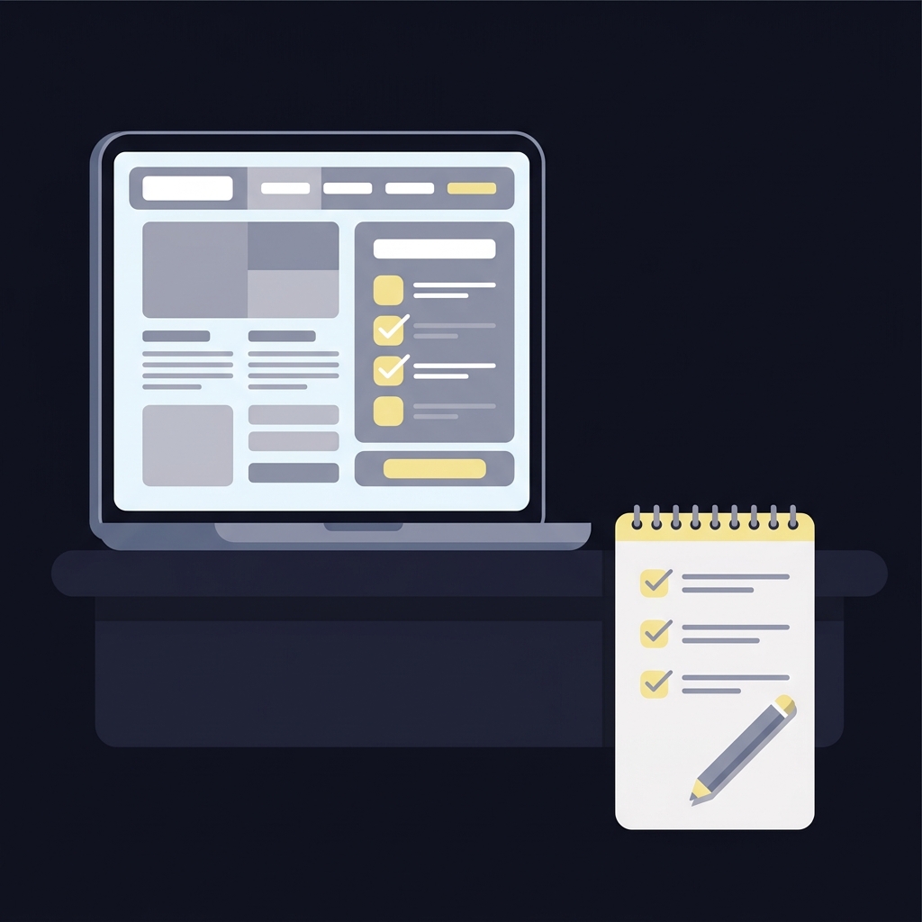 Minimal 2D vector illustration of a laptop showing a regulator license page and a notepad checklist on a dark Funded Plays style background online sports betting legal states