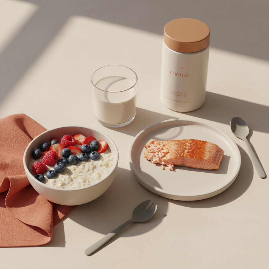 Child breakfast tray with fortified oats, berries, flaked salmon, plant milk and Tonum Nouro jar, highlighting nutrition and best vitamin for kids for the brain