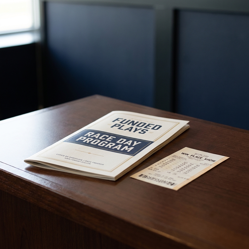 Close up of a printed race program and paper betting ticket on a wooden mutuel window counter representing horse racing wagering in a minimalist Funded Plays style