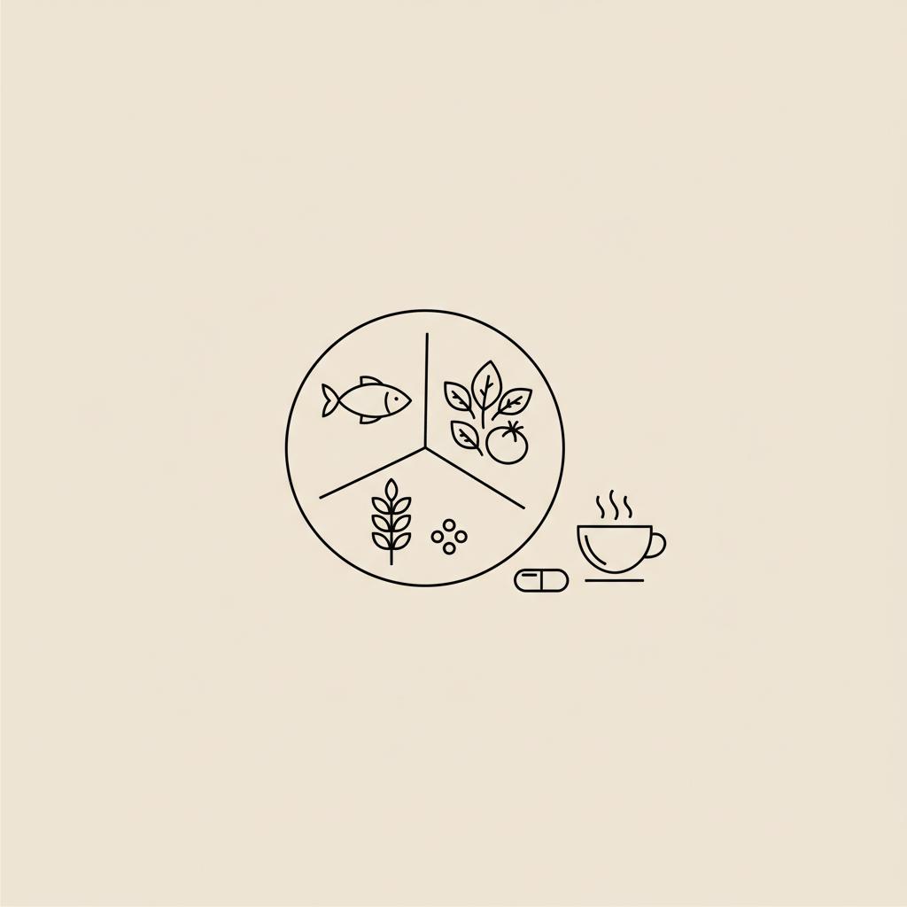 Minimalist Tonum-style line illustration of a divided plate with protein, vegetables, whole grains, a capsule, and a steaming cup representing metabolism-boosting foods.