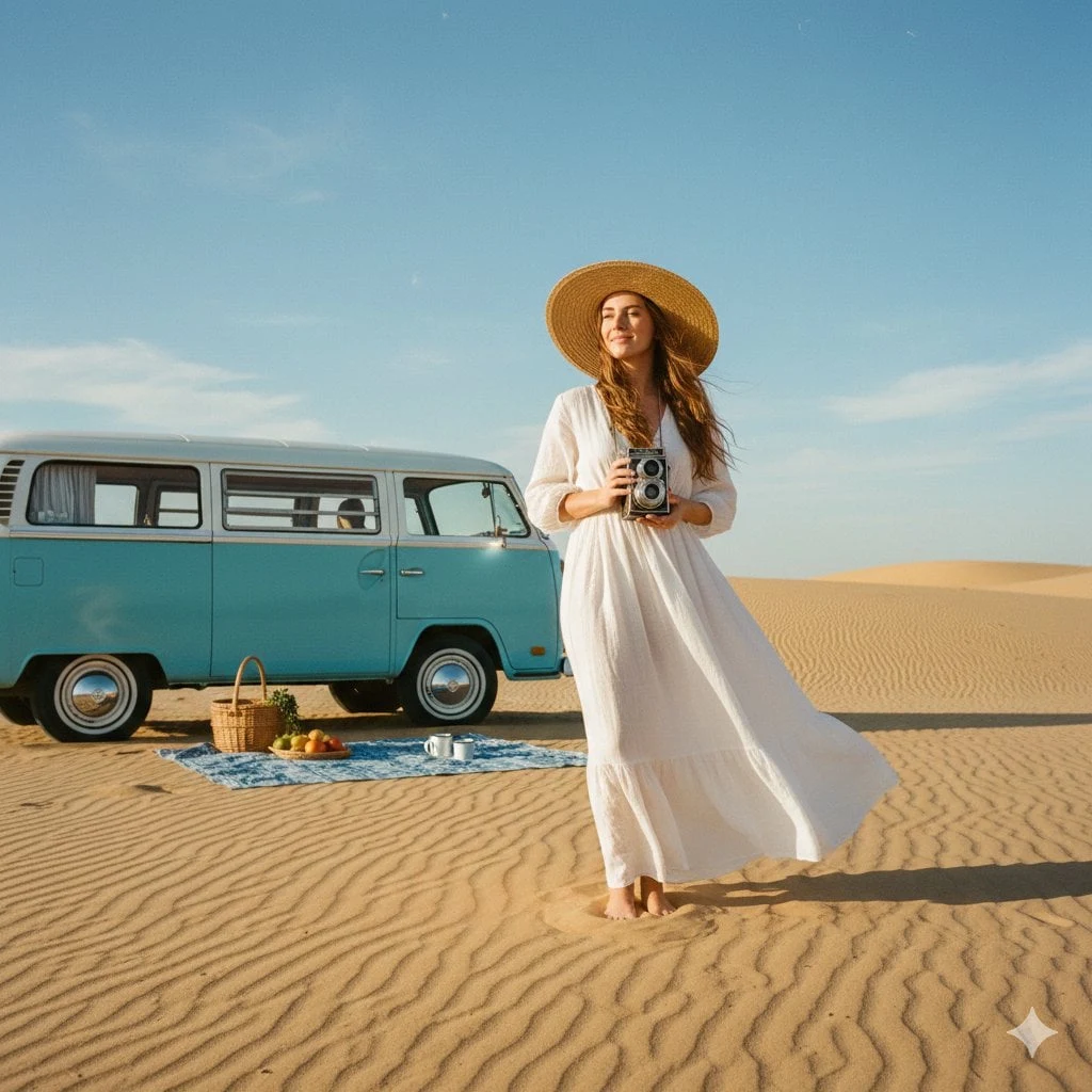 Una toma panorámica de una mujer con un vaporoso vestido largo de lino blanco y un sombrero de paja de ala ancha, de pie en un vasto...
