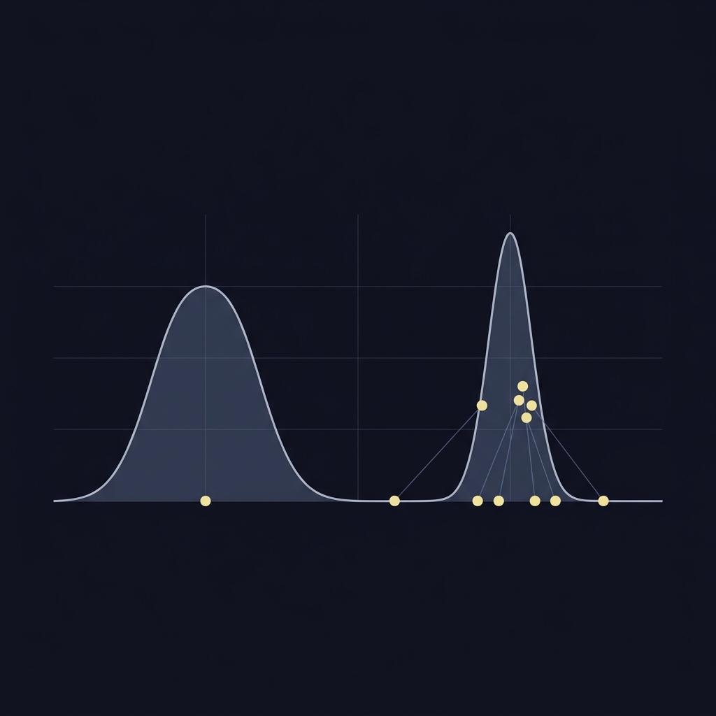 Minimalist 2D vector diagram of Bayesian updating showing prior and posterior curves and small sample markers on a dark Funded Plays palette How to Evaluate a Strategy with Limited Data