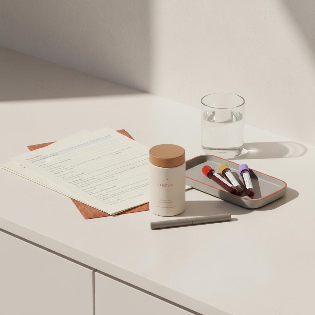 Still-life of Tonum supplement container on a clean countertop with lab forms, blood collection tubes and a glass of water, suggesting support for brain fog and daily use.