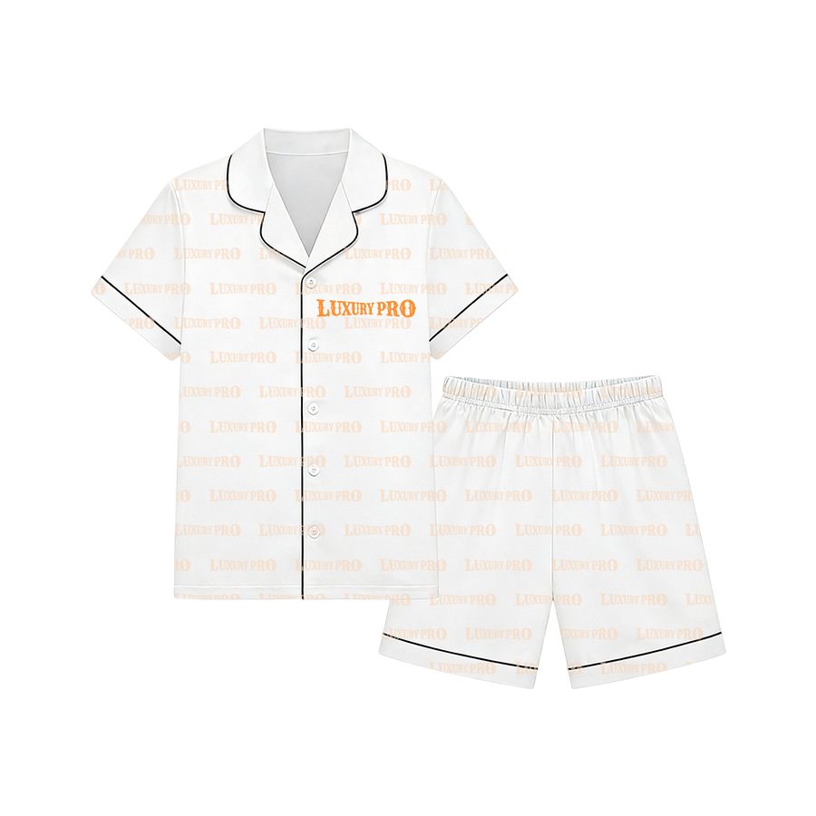 AOP Piped All-Over Print Kids Short Sleeve Shirt Pajama Set, No Pocket