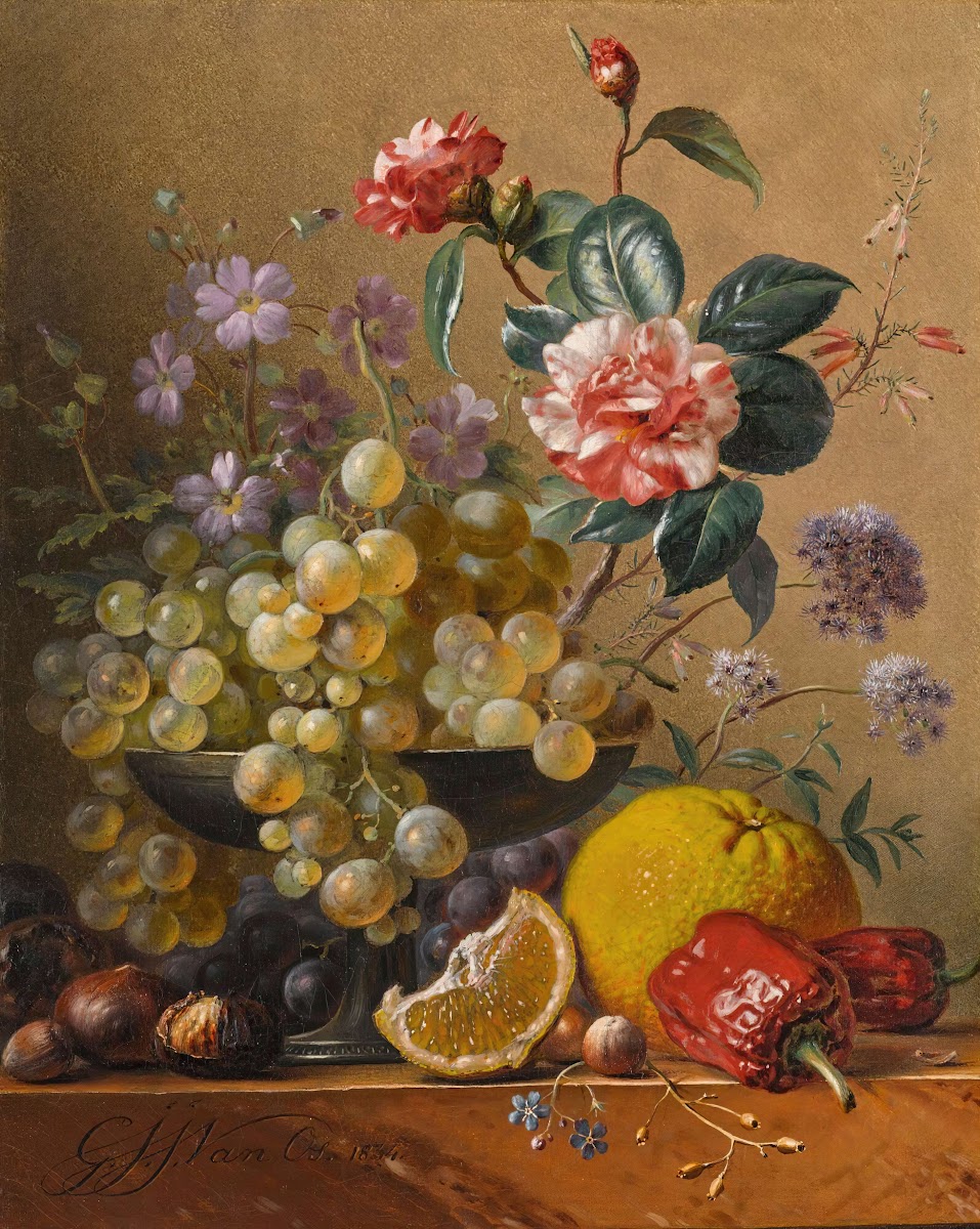 Still life with a camelia spray cornflowersand grapes in a silver bowl with nuts