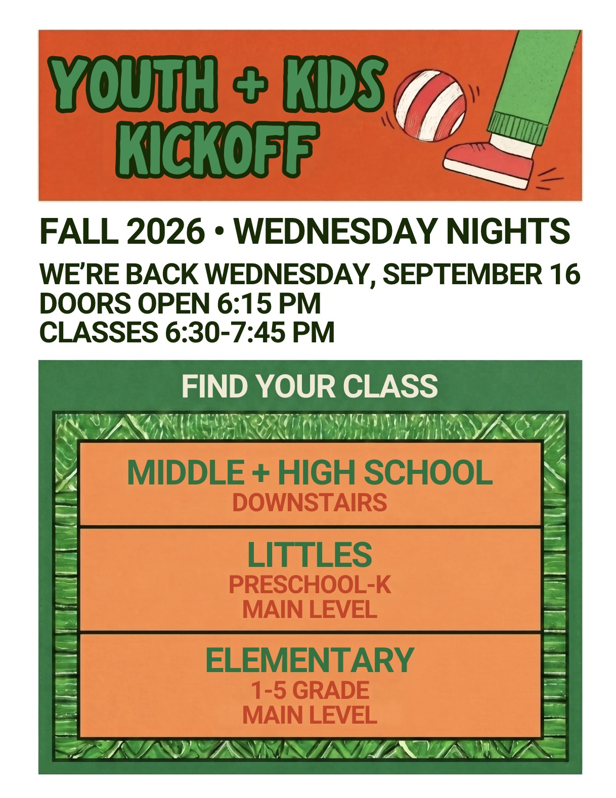 Youth and Kids Kickoff, Wednesday September 16. Doors open 6:15 PM; classes 6:30–7:45 PM. Middle and high school downstairs; preschool–kindergarten and grades 1–5 on the main level.