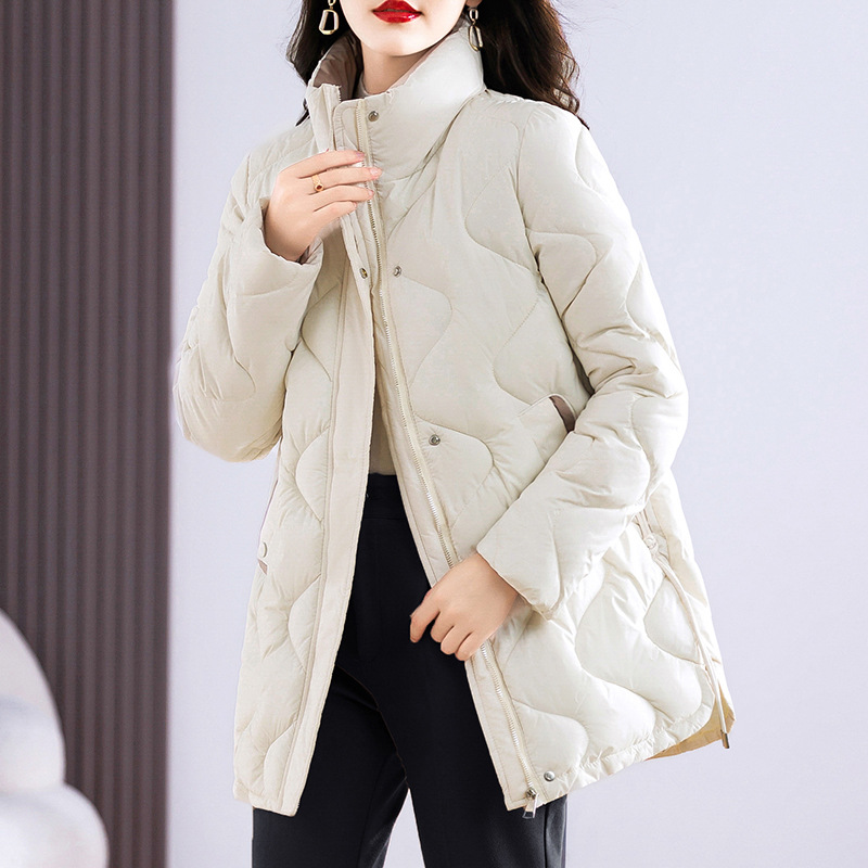 Long women's winter jacket with stand collar