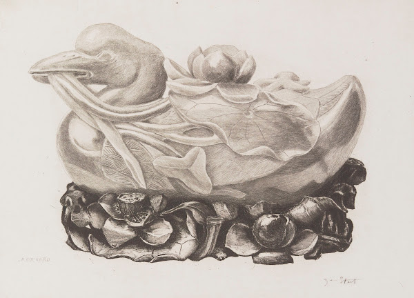 Canard au décor de nénuphar posé sur un socle 1890