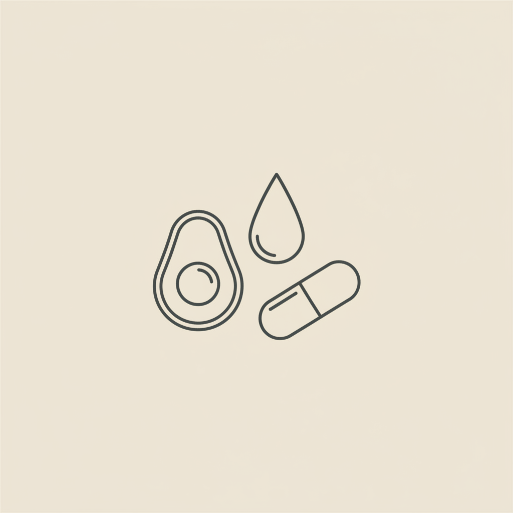 Minimalist vector line illustration of an avocado half, water droplet, and supplement capsule on beige background representing keto flu day 3.