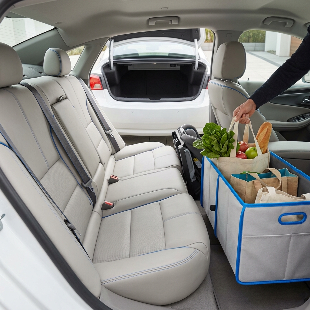Rear seat legroom and open trunk of a chevy impala for sale showing groceries being loaded in a clean minimalist bright interior with blue accent stitching