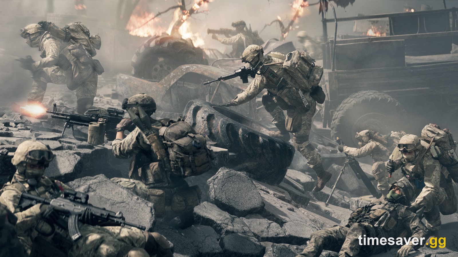 Battlefield 6 screenshot of a squad in rubble with one soldier prone behind a belt-fed machine gun on a bipod
