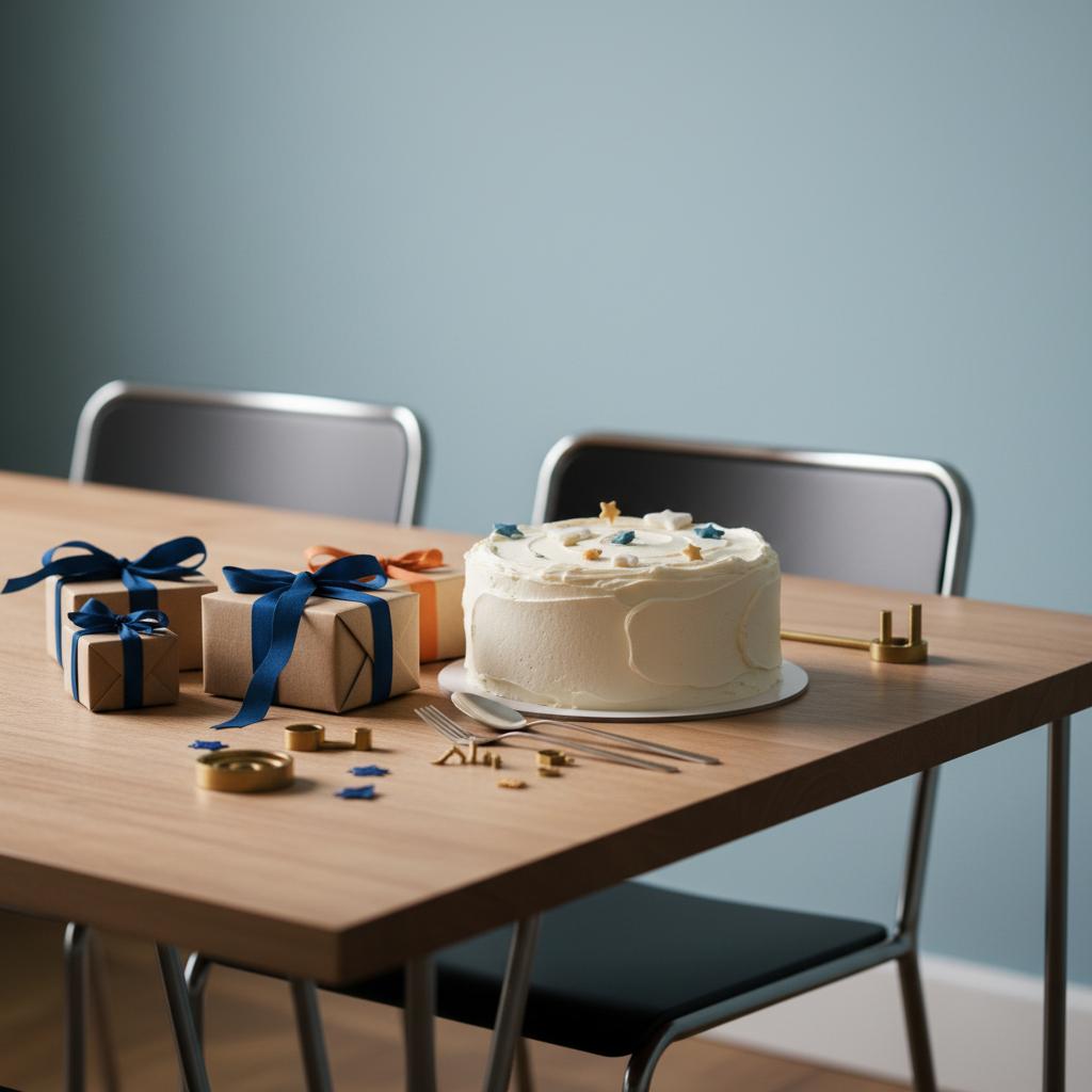 Intime Tischszene mit Geschenkboxen und Vanillekuchen – Was wünscht man werdenden Eltern vor der Geburt? Minimalistisch, warm, leichter Industriecharme.