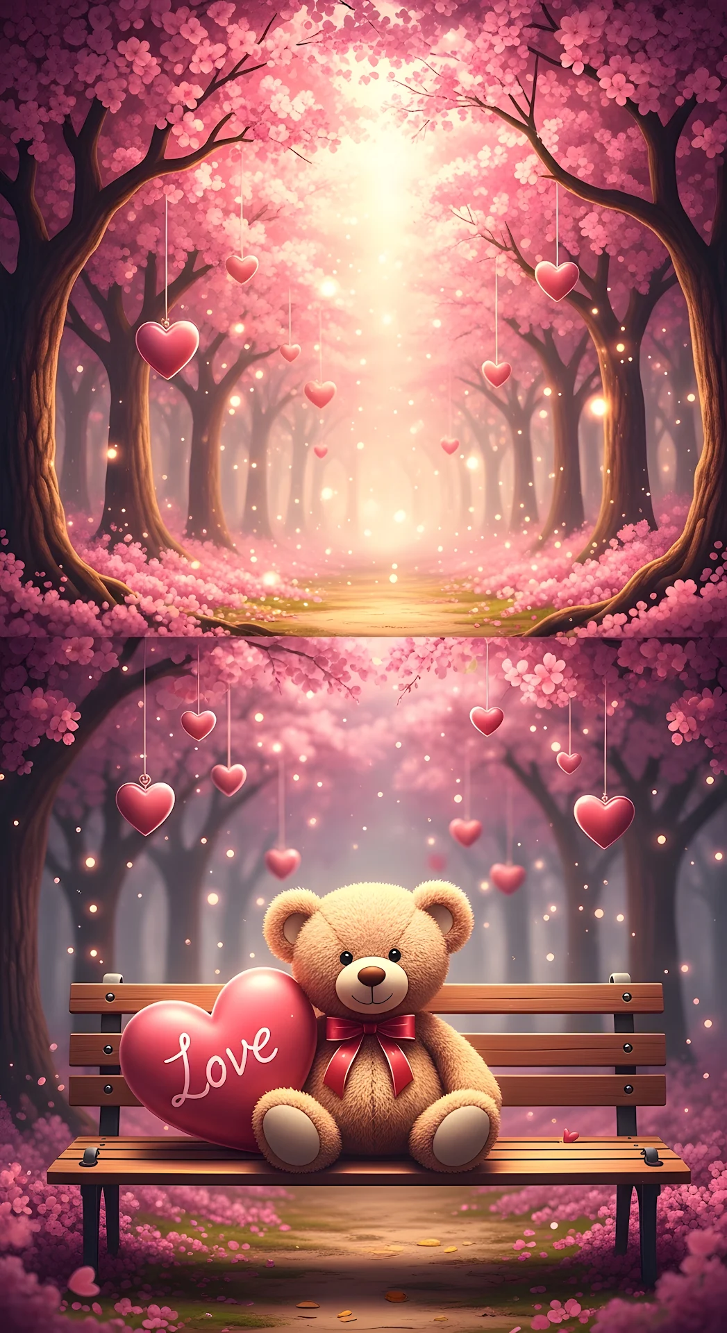 Cute Bear on a Bench in a Pink Cherry Blossom Forest - Free 4K mobile Wallpaper