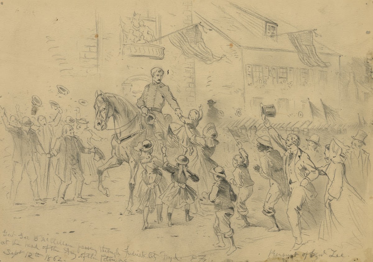 Genl Geo B McClellan passing through Frederick City Myd at the head of the Army