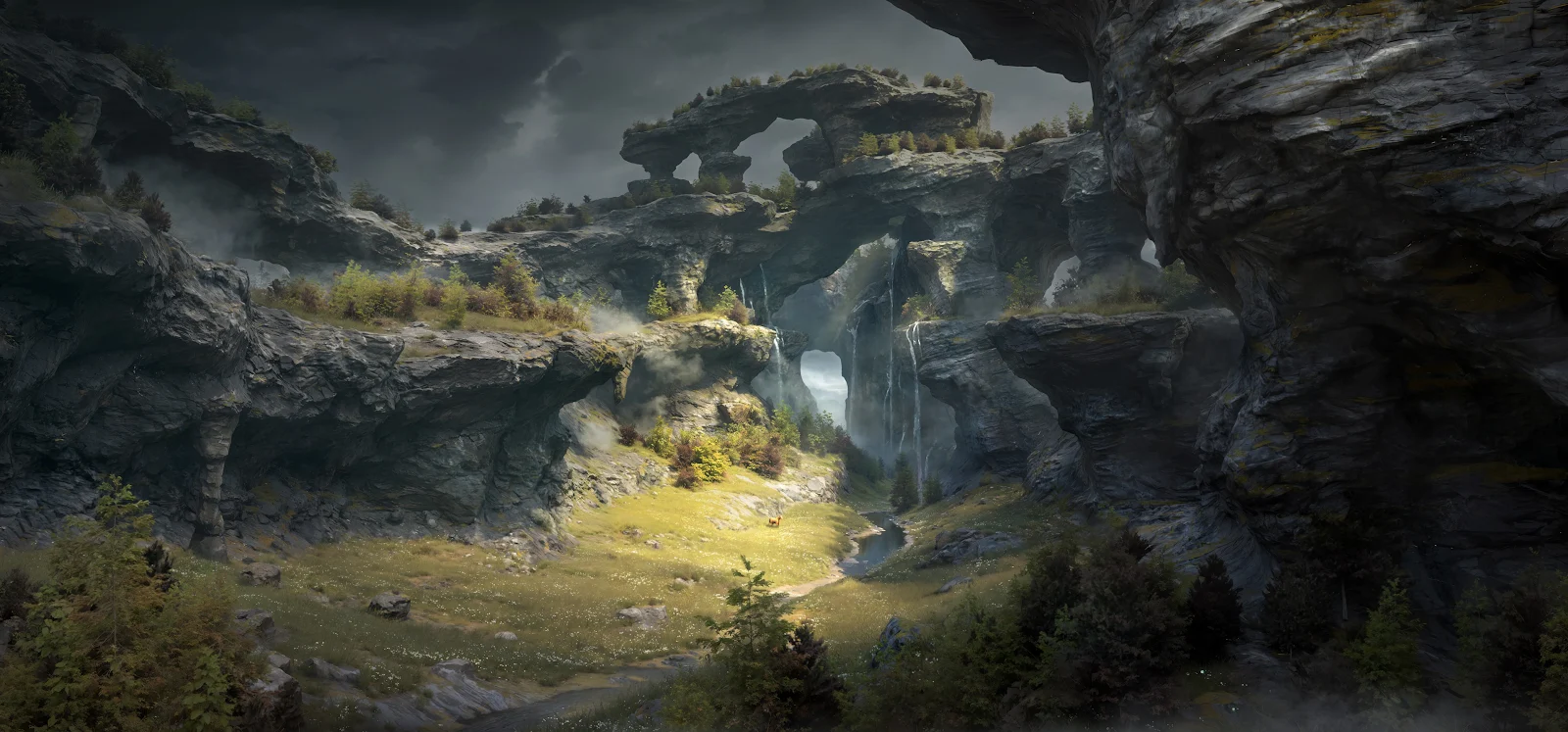 Fantasy Landscape, Mountain Arch, Nature, Waterfall 2K Wallpaper Background (3840x1792)