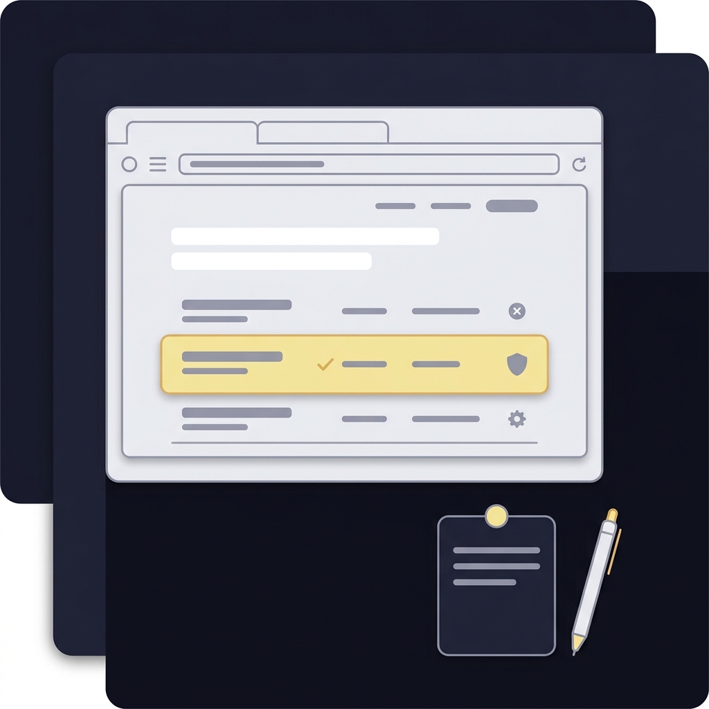 Vector minimalist illustration of a regulator website highlighting an approved operator entry with a notepad and pen nearby concept referencing bovada odds