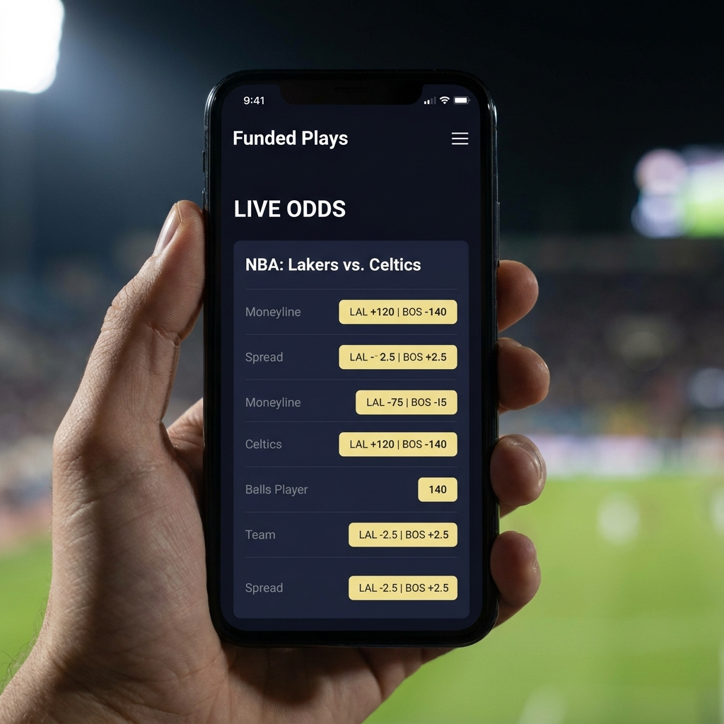 Close up of betting odds on a smartphone screen with blurred stadium background illustrating types of sports gambling in a minimalist Funded Plays aesthetic