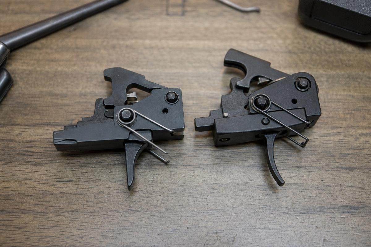 single stage vs two stage trigger AR-15 comparison on workbench
