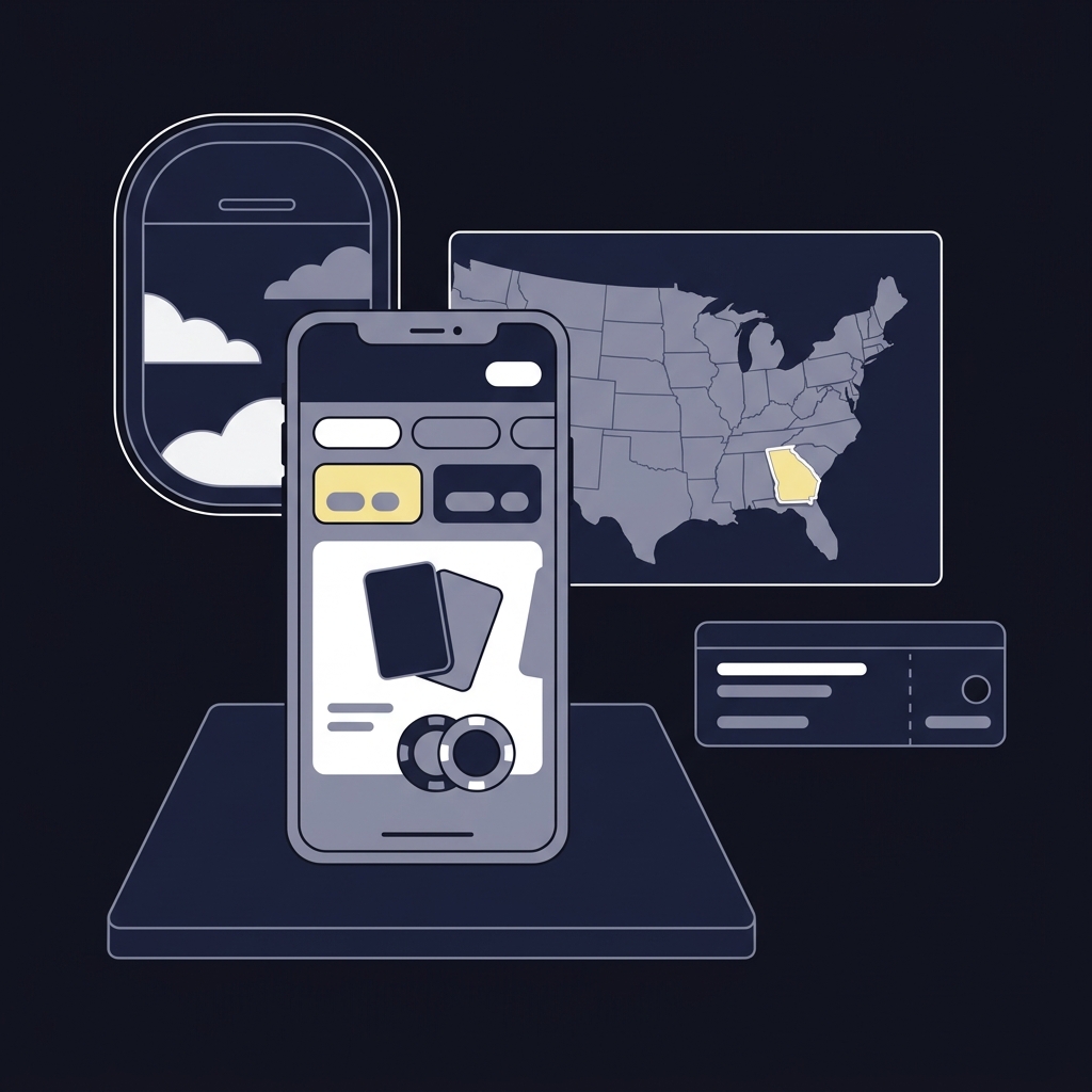 Minimalist vector airport scene showing a smartphone with an active sportsbook style tab and a US map tile with the Georgia state border highlighted to illustrate georgia betting apps while traveling