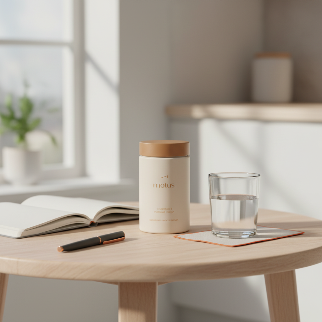 Tonum Motus supplement container on a round wooden table with a glass of water and open notebook in soft morning light, minimalist wellness scene - what drink reduces belly fat