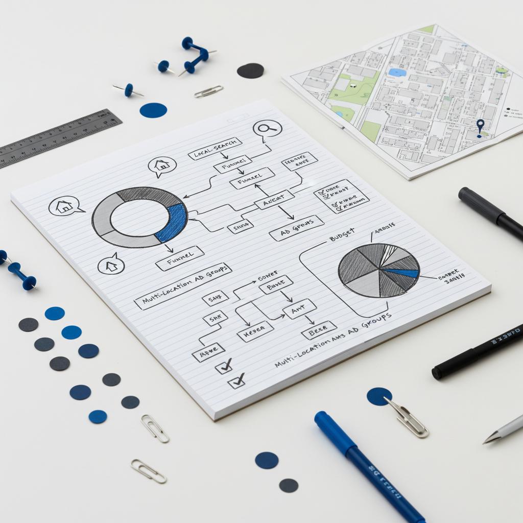 Close-up desk planning scene for google ads for real estate agents: neighborhood map, colored pins, ad copy sketches, markers and stickers in deep blue and charcoal