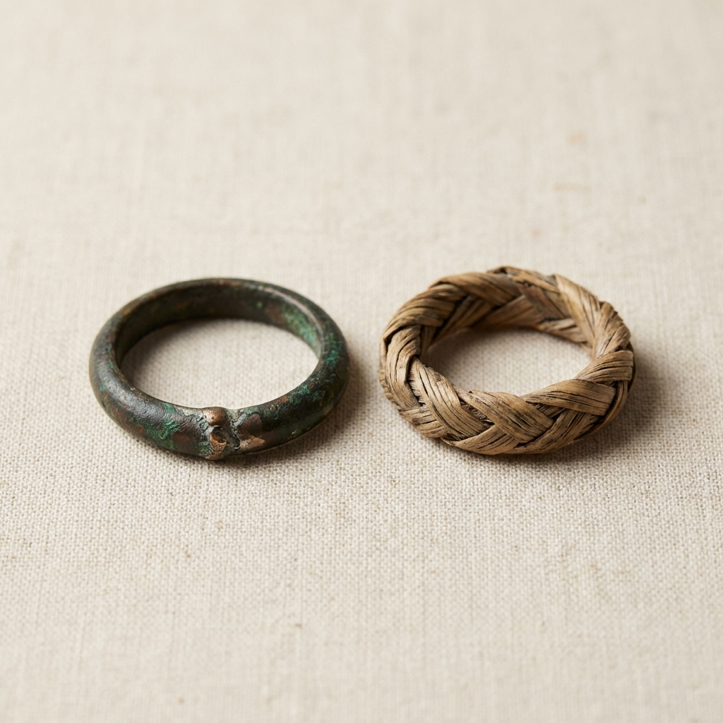 Close up of ancient wedding rings Egyptian bronze hoop and reed ring showing patina solder and join marks on neutral beige Aurora Antiqua background
