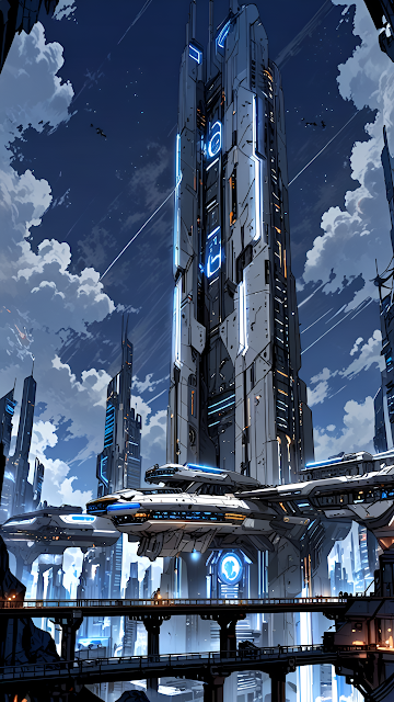 Futuristic Megastructure Skyscraper with Neon Blue Accents - Free mobile Wallpaper