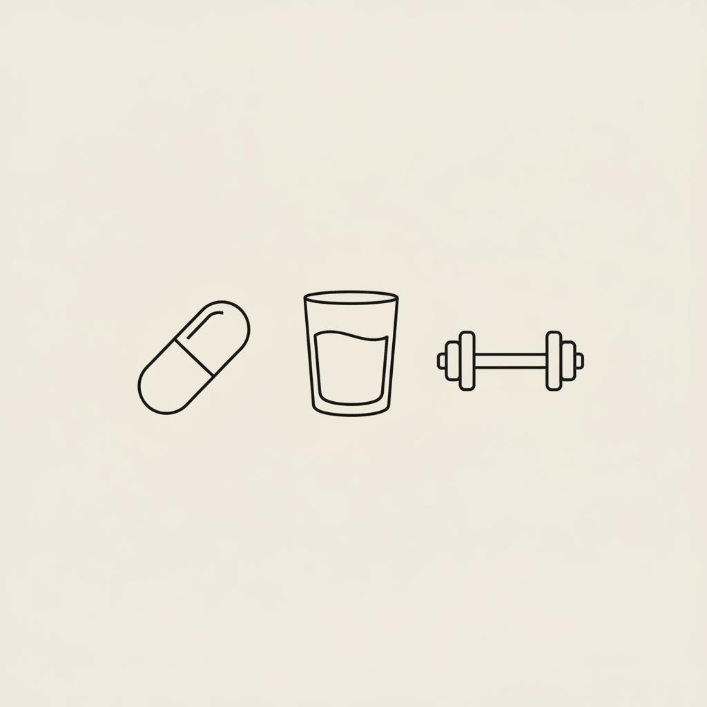 Minimal Tonum-style line illustration of a capsule, water glass, and dumbbell on beige background, symbolizing healthy routine to lose 20 pounds in a month.