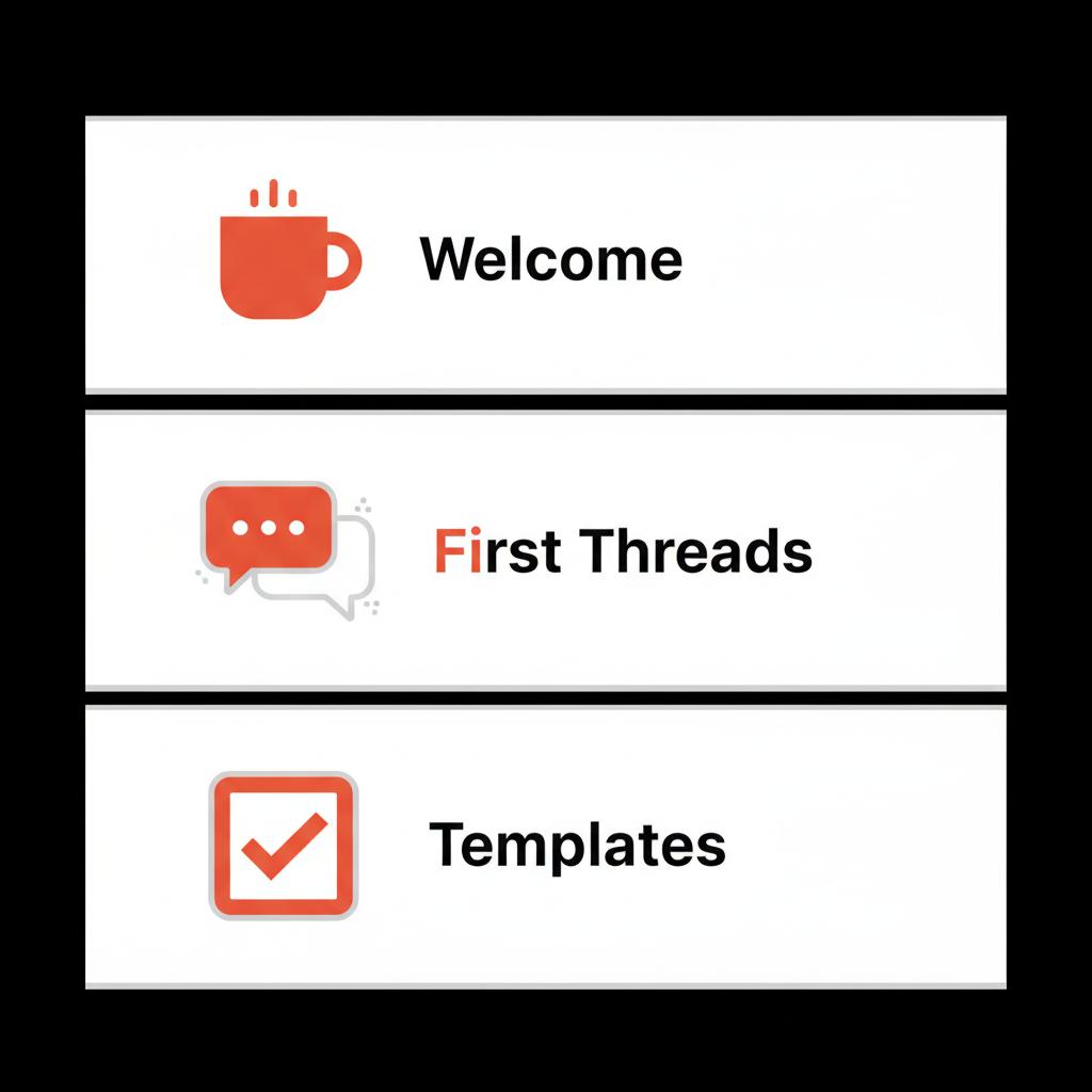Minimal full-frame onboarding infographic showing three steps labeled Welcome, First Threads, Templates with coffee cup, chat bubbles, and checklist icons on black background; retrieve saved password on email
