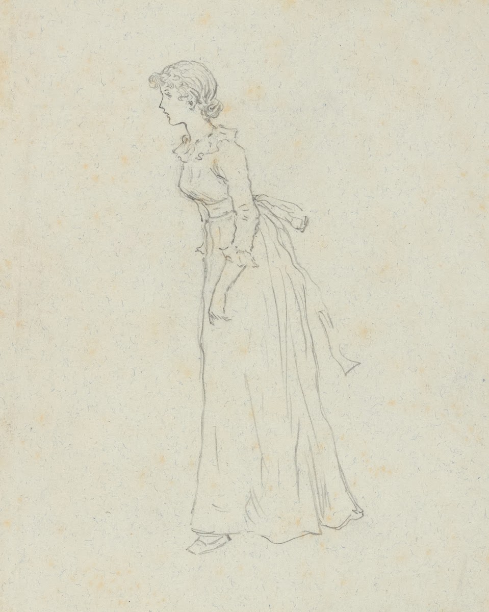 Standing young woman in Victorian attire seen in profile