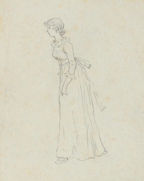 Standing young woman in Victorian attire seen in profile