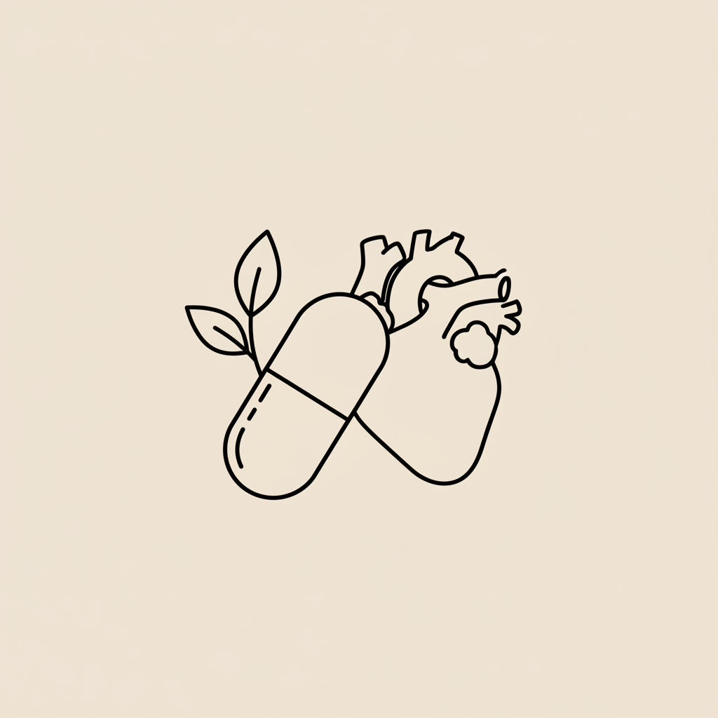 Minimalist line illustration of a capsule, stylized heart outline and leaf on beige background representing probiotics and endocarditis in a clinical nutrition context.