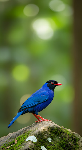 High-Detail Vibrant Sapphire Blue Bird on Mossy Rock Nature Photo - Free mobile Wallpaper
