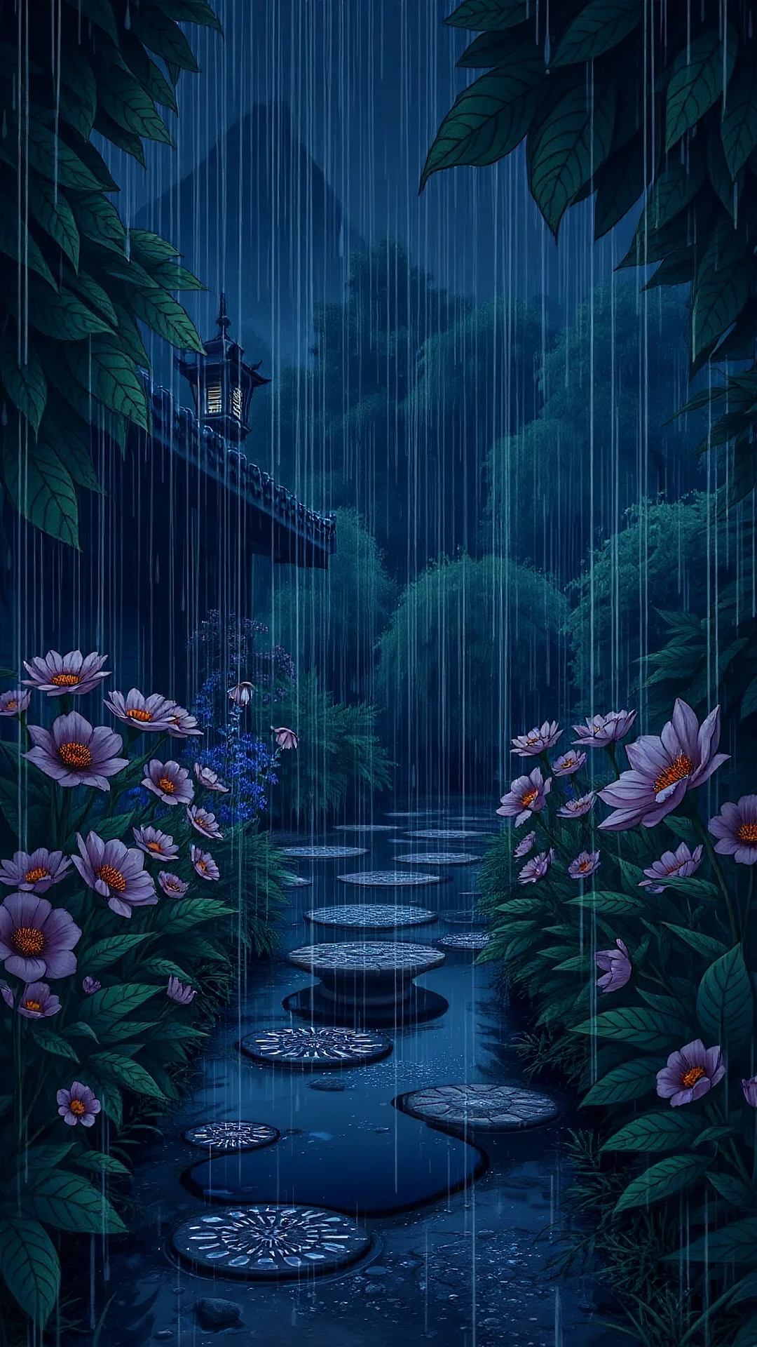 Rainy Garden Path with Stone Steps and Lantern - Free 4K mobile Wallpaper