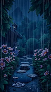 Rainy Garden Path with Stone Steps and Lantern