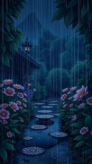 Rainy Garden Path with Stone Steps and Lantern - Free mobile Wallpaper