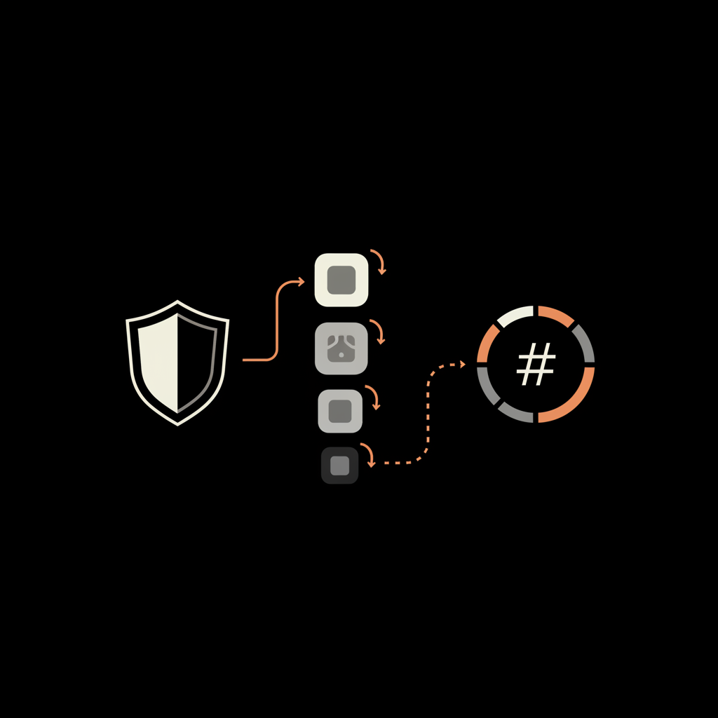 Minimal 2D vector infographic of an account shield, three app icons being revoked, and a rotating hashtag wheel illustrating instagram shadowban prevention flow.