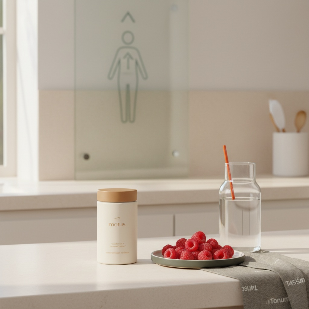 Motus supplement jar beside fresh raspberries and a glass carafe on a neutral counter in a minimalist Tonum-style lifestyle photo promoting raspberry ketones for weight loss.