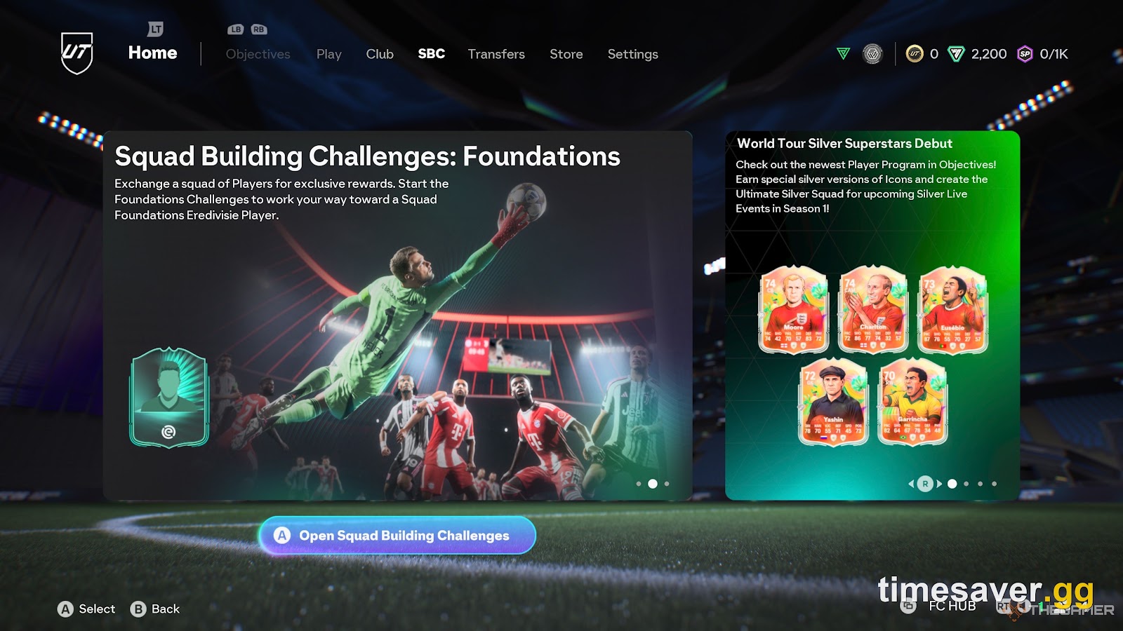 EA FC 26 Squad Building Challenge interface showing the SBC overview screen in Ultimate Team
