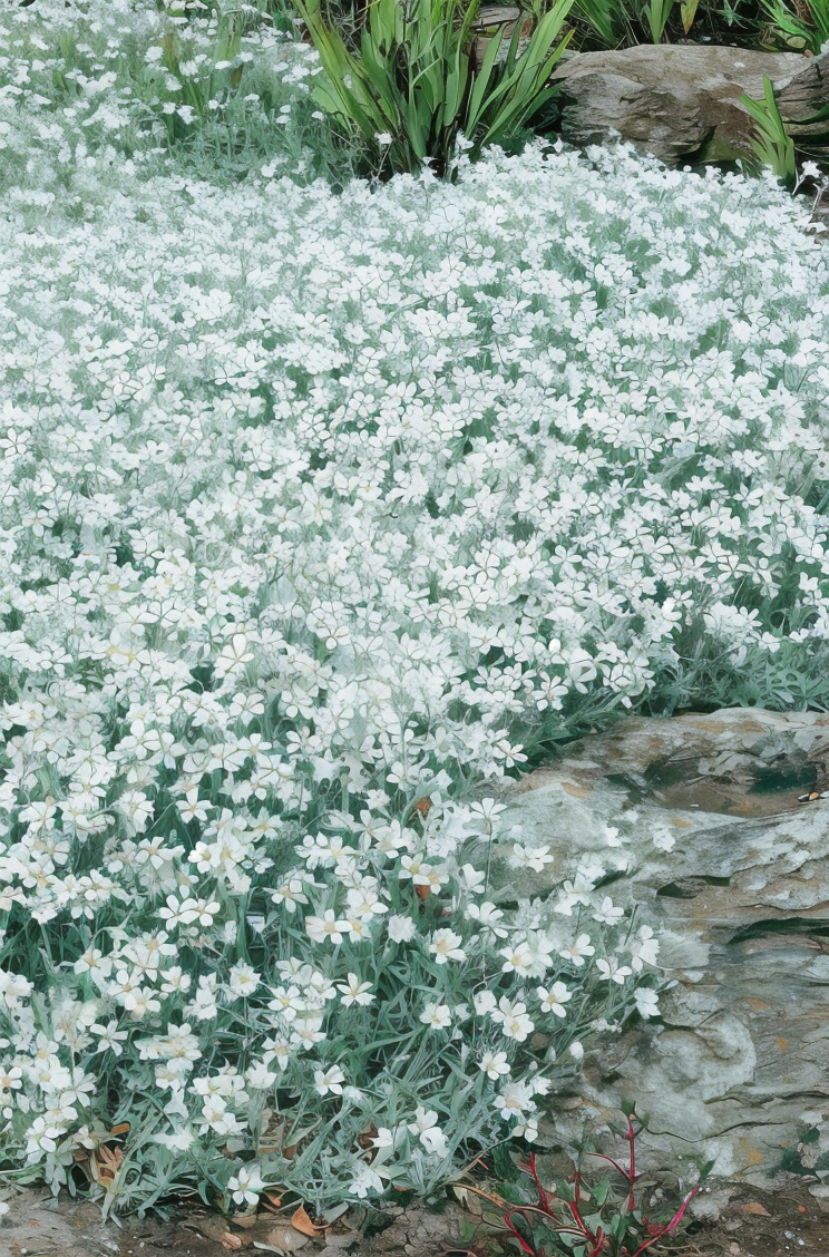 Cerastium tomentosum 'Silberteppich' fiorito in un giardino roccioso, effetto tappeto argentato