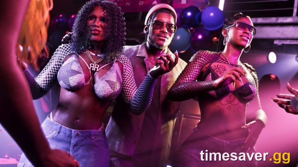 GTA 6 official art of Dre'Quan Priest of Only Raw Records flanked by the Real Dimez rap duo Bae-Luxe and Roxy in a neon-lit Vice City nightclub