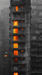 Brutalist Apartment Building with Fiery Orange Windows