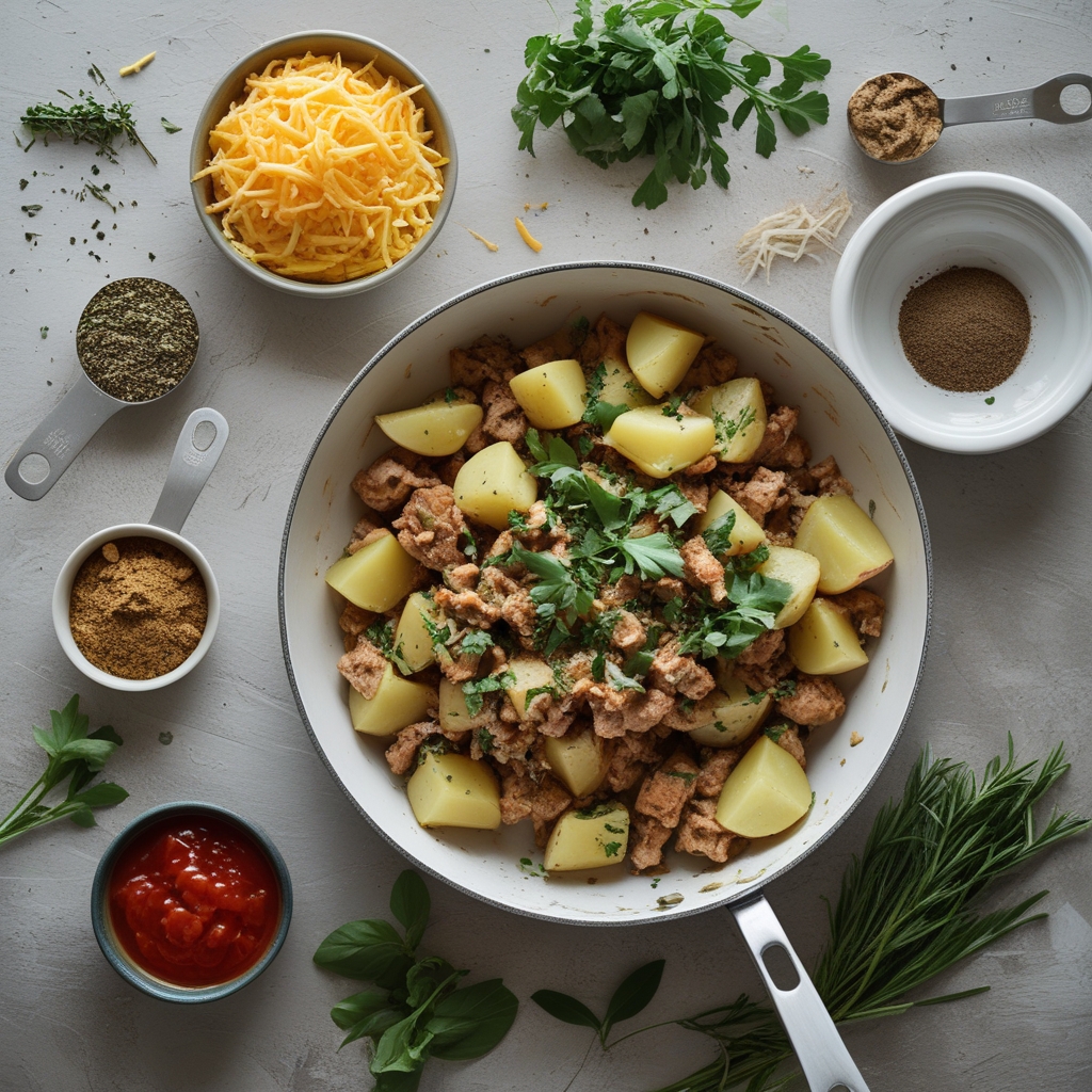 Ingredients for Easy One-Pan Cheesy Meat and Potato Skillet Recipe for a Quick Comfort Dinner