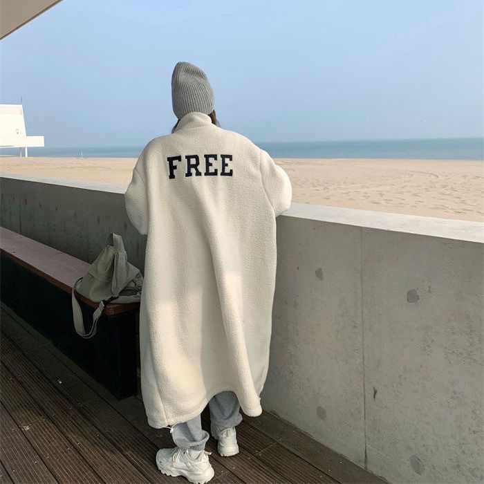 Long women's lamb fleece coat, standing collar, single-breasted