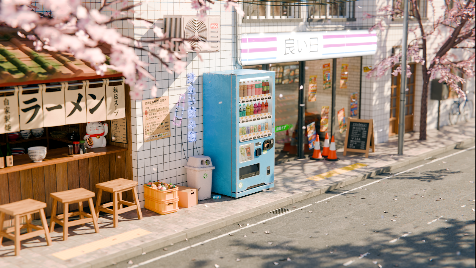 Cozy Japanese Street In Spring - 3D Render 4K Wallpaper (3840x2160)