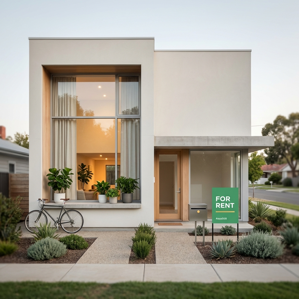 Daylight photo of a suburban duplex with one unit occupied and one unit showing a for rent sign illustrating how to start real estate with no money minimalist Finance Police brand palette