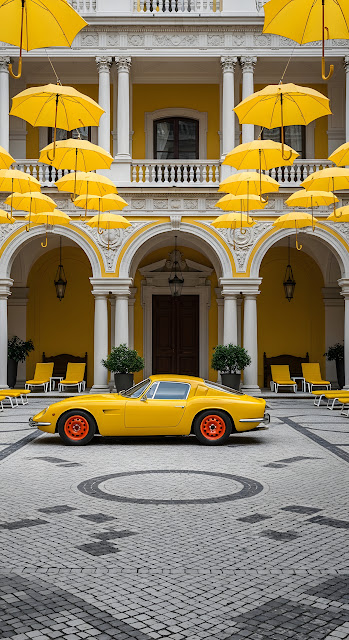 Vintage Yellow Sports Coupe Umbrella Architectural Courtyard - Free mobile Wallpaper