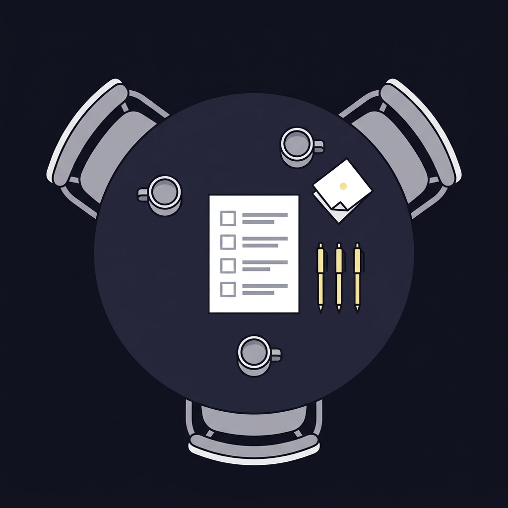Minimalist 2D vector showing a round table with three empty chairs a printed rules checklist and a folded tiebreaker note evoking collaborative review for free nfl expert picks in Funded Plays color palette