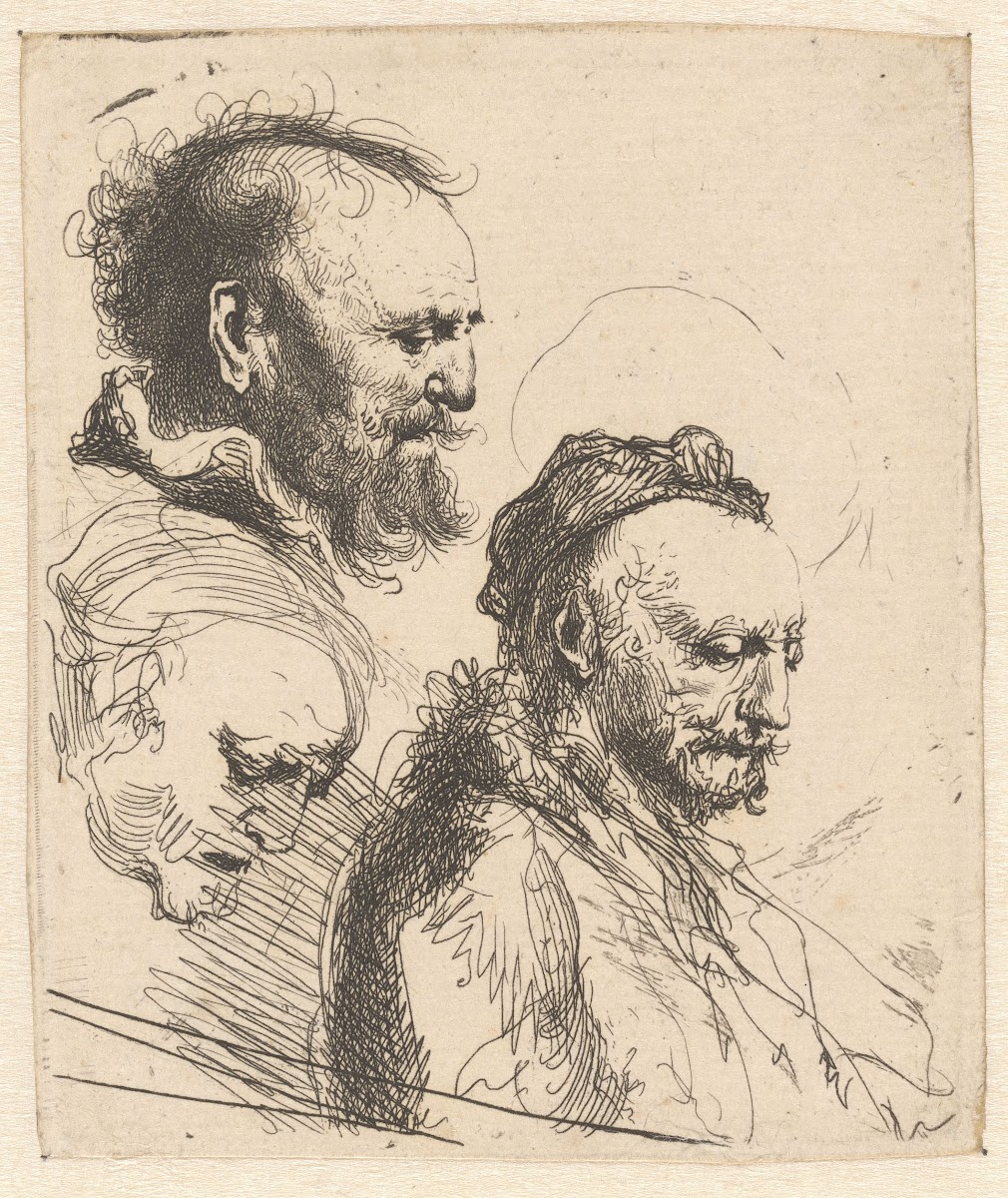 Studieblad met drie koppen van een oude man 1802