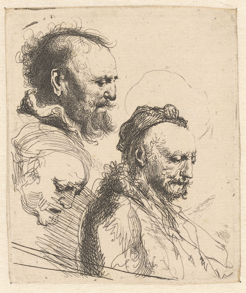 Studieblad met drie koppen van een oude man 1802